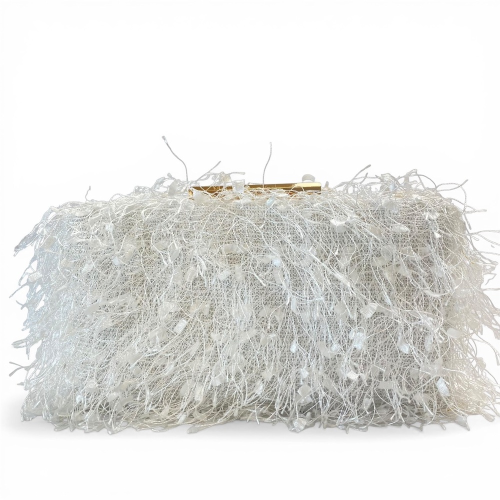 Gold Frame Evening Clutch Textured Chain Strap Modern Sculptural White